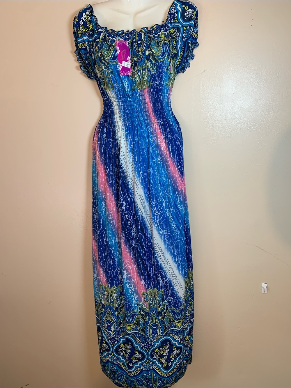 Bohemian Off-Shoulder Maxi Dress in Blue Size XXL